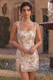 Vestido curto de regresso a casa, decote quadrado com decote quadrado em forma champanhe