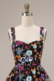 Vestido Curto Curto de Regresso a Casa Preto A-Line Floral Sweetheart