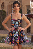 Vestido Curto Curto de Regresso a Casa Preto A-Line Floral Sweetheart