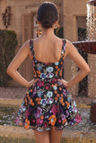 Vestido Curto Curto de Regresso a Casa Preto A-Line Floral Sweetheart