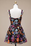 Vestido Curto Curto de Regresso a Casa Preto A-Line Floral Sweetheart