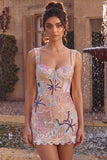 Vestido Mini de Regresso a Casa Corselado, Corset, Quadrado, com Aplicações