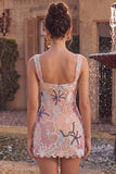 Vestido Mini de Regresso a Casa Corselado, Corset, Quadrado, com Aplicações
