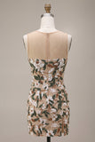 Vestido curto de regresso a casa, corset cáqui claro com decote ilusão e lantejoulas florais