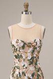 Vestido curto de regresso a casa, corset cáqui claro com decote ilusão e lantejoulas florais