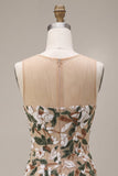 Vestido curto de regresso a casa, corset cáqui claro com decote ilusão e lantejoulas florais