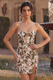 Vestido curto de regresso a casa, corset cáqui claro com decote ilusão e lantejoulas florais