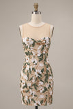 Vestido curto de regresso a casa, corset cáqui claro com decote ilusão e lantejoulas florais