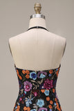 Vestido Curto de Regresso a Casa Preto Bodycon Bodycon Topo Floral Floral Sem Costas com Lantejoulas