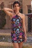Vestido Curto de Regresso a Casa Preto Bodycon Bodycon Topo Floral Floral Sem Costas com Lantejoulas
