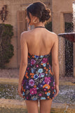 Vestido Curto de Regresso a Casa Preto Bodycon Bodycon Topo Floral Floral Sem Costas com Lantejoulas