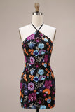 Vestido Curto de Regresso a Casa Preto Bodycon Bodycon Topo Floral Floral Sem Costas com Lantejoulas