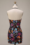 Vestido Curto de Regresso a Casa Preto Bodycon Bodycon Topo Floral Floral Sem Costas com Lantejoulas