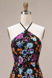 Vestido Curto de Regresso a Casa Preto Bodycon Bodycon Topo Floral Floral Sem Costas com Lantejoulas