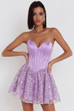 Espartilho lilas, lantejoulas Apliques, Vestido Curto de Finalistas de Cetim A-Line