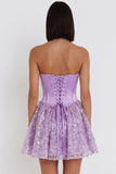 Espartilho lilas, lantejoulas Apliques, Vestido Curto de Finalistas de Cetim A-Line