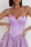 Espartilho lilas, lantejoulas Apliques, Vestido Curto de Finalistas de Cetim A-Line