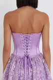Espartilho lilas, lantejoulas Apliques, Vestido Curto de Finalistas de Cetim A-Line
