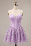 Espartilho lilas, lantejoulas Apliques, Vestido Curto de Finalistas de Cetim A-Line