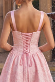 Vestido curto de regresso a casa Jacquare com decote quadrado cor-decote jacquare, alças grossas, tiras grossas