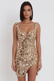 Lantejoulas espelhadas douradas, tule bodycon com alças grossas, vestido curto de regresso a casa com fenda lateral