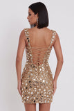 Lantejoulas espelhadas douradas, tule bodycon com alças grossas, vestido curto de regresso a casa com fenda lateral