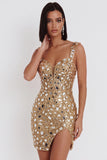 Lantejoulas espelhadas douradas, tule bodycon com alças grossas, vestido curto de regresso a casa com fenda lateral