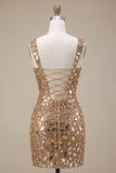 Lantejoulas espelhadas douradas, tule bodycon com alças grossas, vestido curto de regresso a casa com fenda lateral