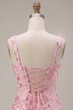 Lantejoulas cor-de-rosa brilhantes Espartilho de alças grossas Vestido curto de regresso a casa com laço