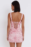 Lantejoulas cor-de-rosa brilhantes Espartilho de alças grossas Vestido curto de regresso a casa com laço