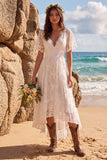 Vestido de noiva branco com decote em V, mangas esvoaçantes A-line High-Low com renda