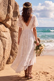 Vestido de noiva branco com decote em V, mangas esvoaçantes A-line High-Low com renda