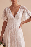 Vestido de noiva branco com decote em V, mangas esvoaçantes A-line High-Low com renda