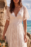 Vestido de noiva branco com decote em V, mangas esvoaçantes A-line High-Low com renda
