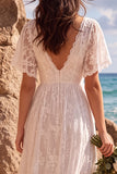 Vestido de noiva branco com decote em V, mangas esvoaçantes A-line High-Low com renda