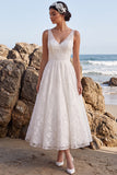 Vestido de Noiva Longo Branco, Floral A-Line Bordado em V