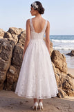Vestido de Noiva Longo Branco, Floral A-Line Bordado em V