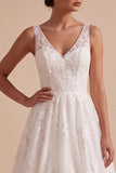 Vestido de Noiva Longo Branco, Floral A-Line Bordado em V