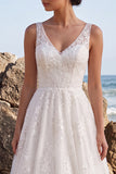 Vestido de Noiva Longo Branco, Floral A-Line Bordado em V