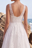 Vestido de Noiva Longo Branco, Floral A-Line Bordado em V