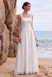 Vestido de Noiva comprido com decote quadrado de lantejoulas brancas com aplicação em linha quadrada