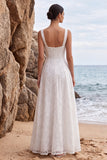 Vestido de Noiva comprido com decote quadrado de lantejoulas brancas com aplicação em linha quadrada