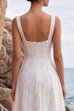 Vestido de Noiva comprido com decote quadrado de lantejoulas brancas com aplicação em linha quadrada