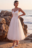 Vestido de Noiva Midi branco branco em linha A com decote em V com purpurpurinas