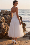 Vestido de Noiva Midi branco branco em linha A com decote em V com purpurpurinas