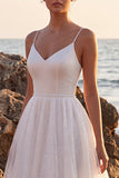 Vestido de Noiva Midi branco branco em linha A com decote em V com purpurpurinas