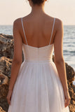 Vestido de Noiva Midi branco branco em linha A com decote em V com purpurpurinas