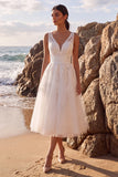 Vestido de Noiva Midi Branco A-Line de Decote em V, floral aplicado