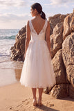 Vestido de Noiva Midi Branco A-Line de Decote em V, floral aplicado
