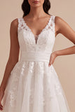Vestido de Noiva Midi Branco A-Line de Decote em V, floral aplicado